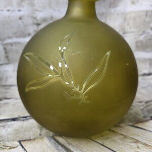 7.5 Inch Round Vase Green Translucent Leaf Design Glass Vintage
